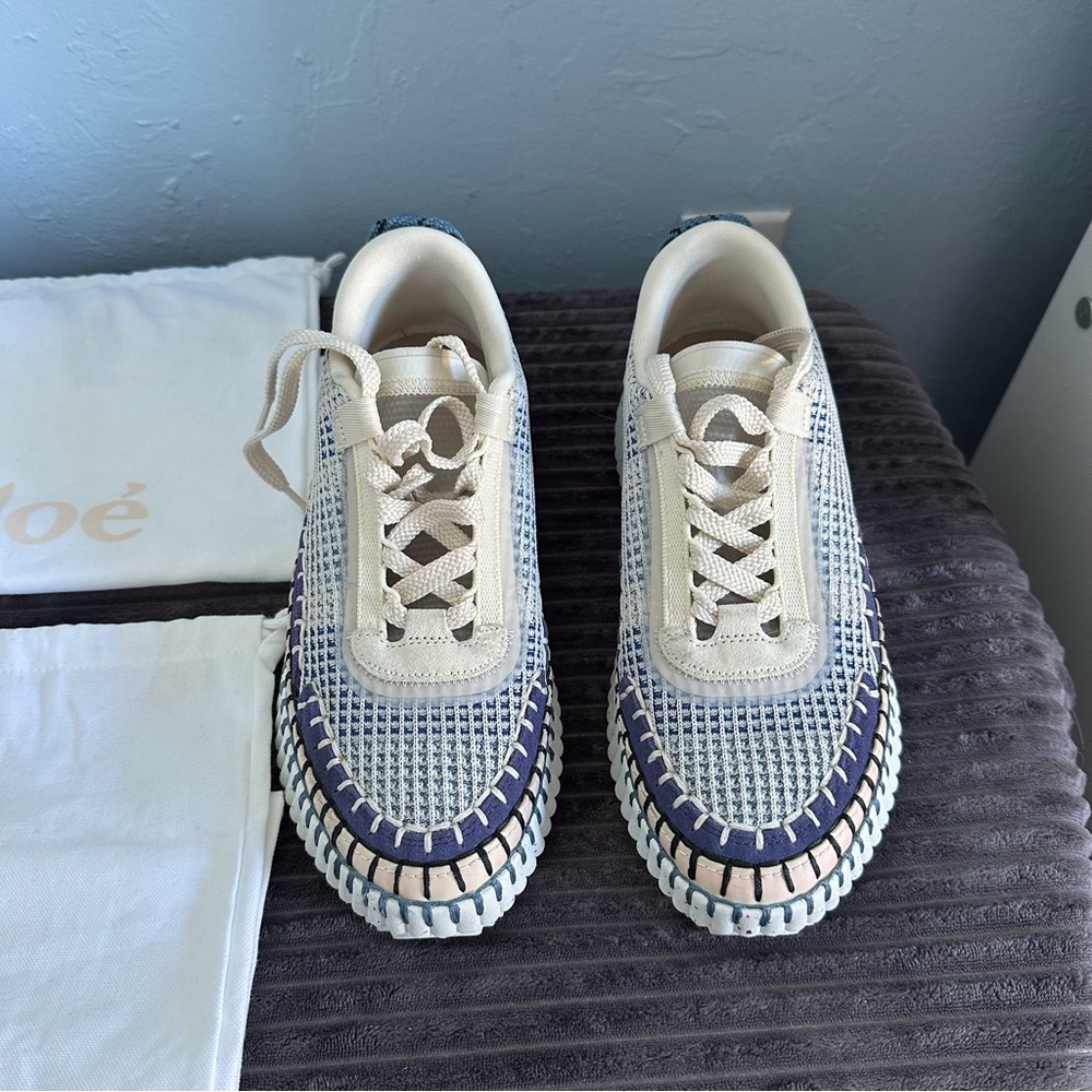 Chloé Navy and Cream Woven Lace-Up Sneakers